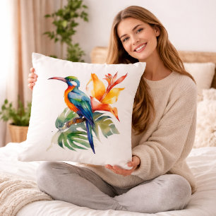 Bird of Paradise, colourful phantasy bird 'n flowe Throw Pillow