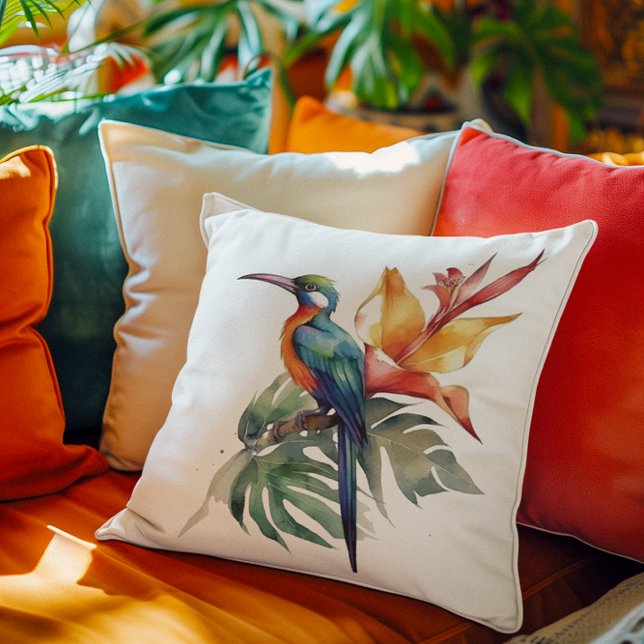 Bird of Paradise, colourful phantasy bird 'n flowe Throw Pillow (Creator Uploaded)