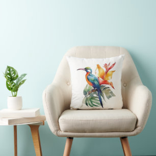 Bird of Paradise, colourful phantasy bird 'n flowe Throw Pillow