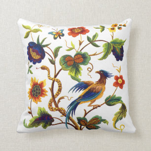 Bird of Paradise Faux Jacobean Embroidery Throw Pillow