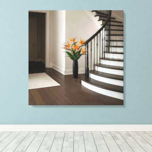 Bird of Paradise Floral Arrangement By a Staircase Canvas Print (Insitu(Wood Floor))
