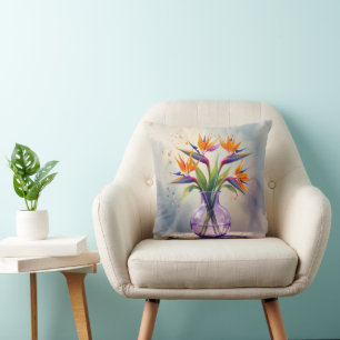 Bird of Paradise Flower Bouquet In Watercolor Throw Pillow