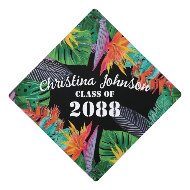 Bird of Paradise Flowers and Jungle Leaves Black Graduation Cap Topper (Front)