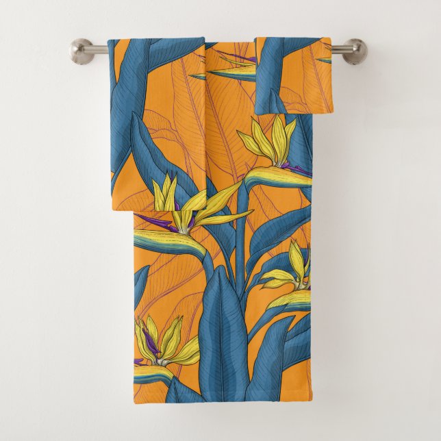 Bird of paradise flowers on orange bath towel set (Insitu)
