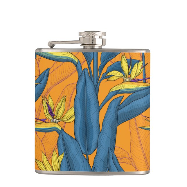 Bird of paradise flowers on orange hip flask (Front)