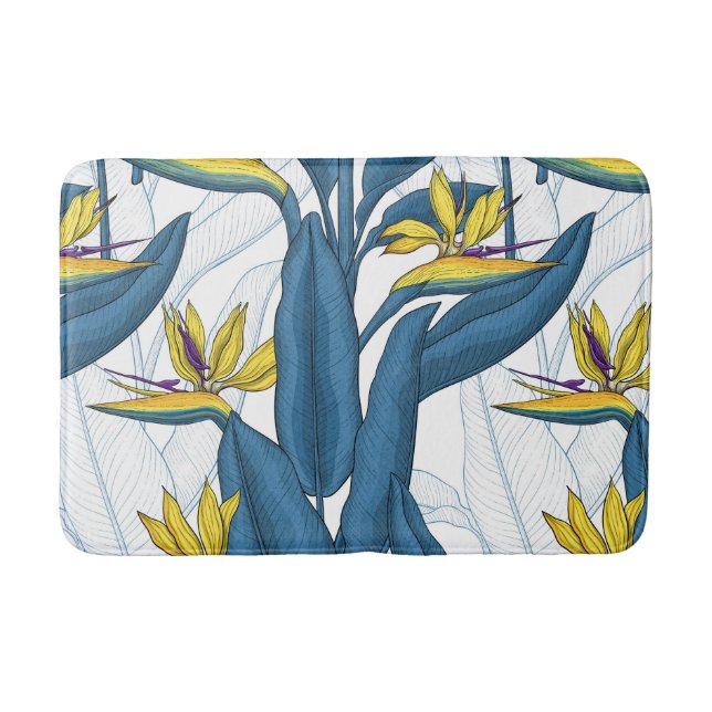 Bird of paradise flowers on white bath mat (Front)