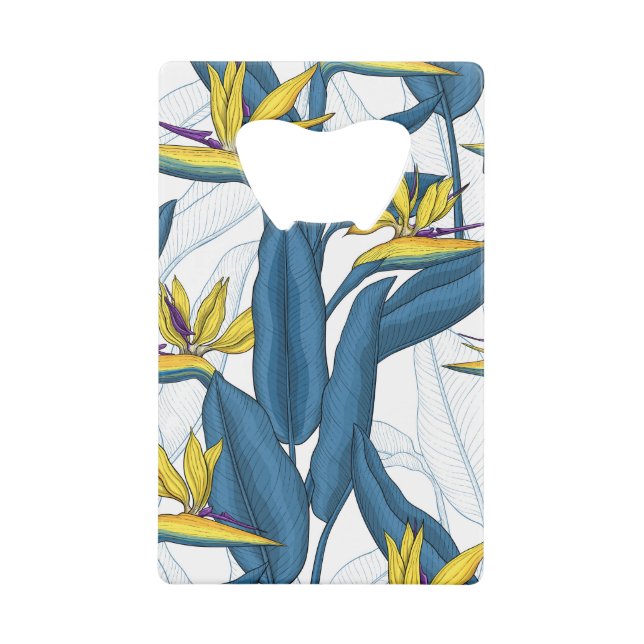 Bird of paradise flowers on white credit card bottle opener (Front)