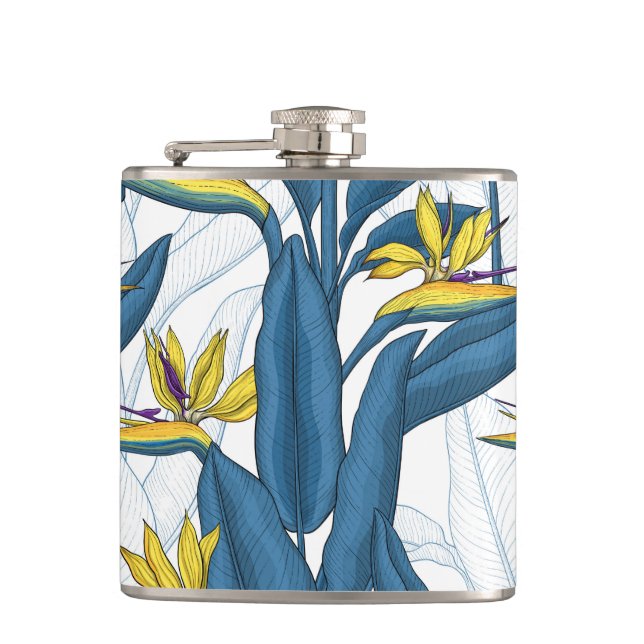 Bird of paradise flowers on white hip flask (Front)