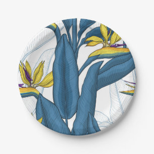 Bird of paradise flowers on white paper plate