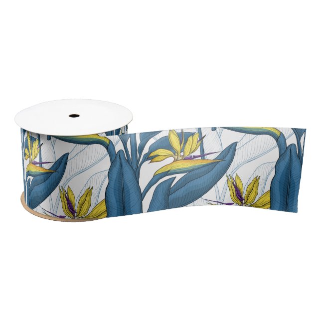 Bird of paradise flowers on white satin ribbon (Spool)