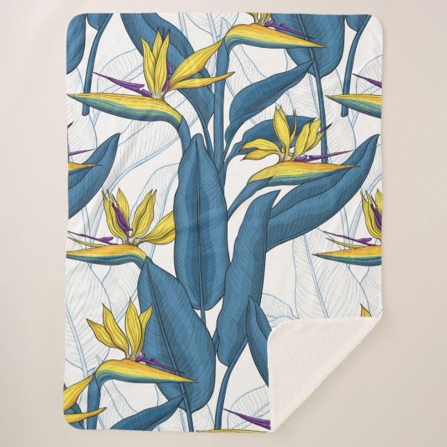 Bird of paradise flowers on white sherpa blanket (Front)