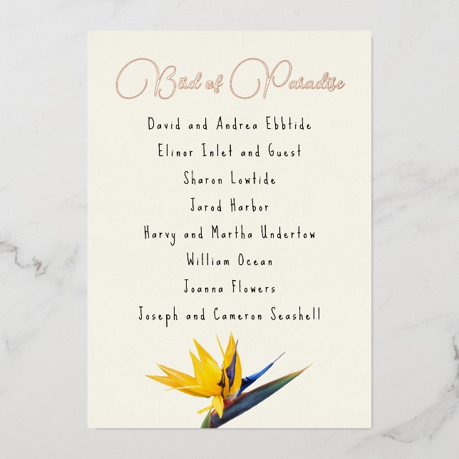 Bird of Paradise Guest List Foil Seating Card (Front)