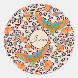 Bird of Paradise, leopard skin, Coral and turquois Classic Round Sticker