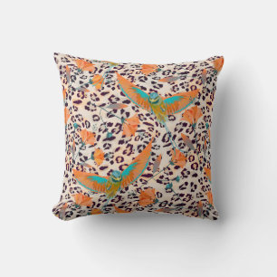 Bird of Paradise, leopard skin, Coral and turquois Throw Pillow