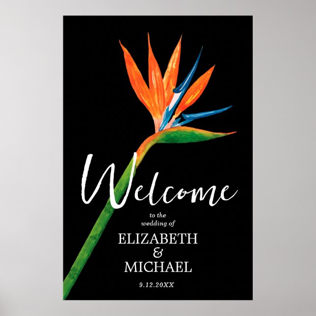 Bird of Paradise on Black Wedding Welcome Poster (Front)