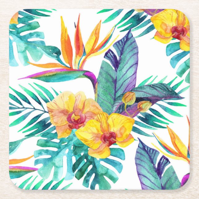 Bird Of Paradise & Orchid Pattern 2 Square Paper Coaster (Front)