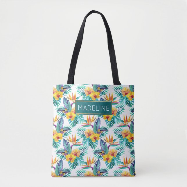 Bird Of Paradise & Orchid Pattern | Add Your Name Tote Bag (Front)