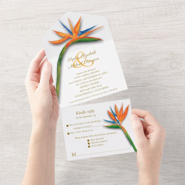 Bird of Paradise Watercolor All In One Invitation (Tearaway)