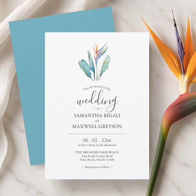 Bird of Paradise Wedding Invitations Cards (Wedding invitations cards watercolor tropical bird of paradise art by Victoria Grigaliunas)