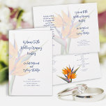 Bird of Paradise Wedding Program Template<br><div class="desc">Folded wedding program template with orange bird-of-paradise flowers. White paper with four pages to customize in script and printed dark blue text. The big floral background will wrap around from the front page to the back. Inside a smaller flower decorates the bottom centre of the page. Include a message to...</div>