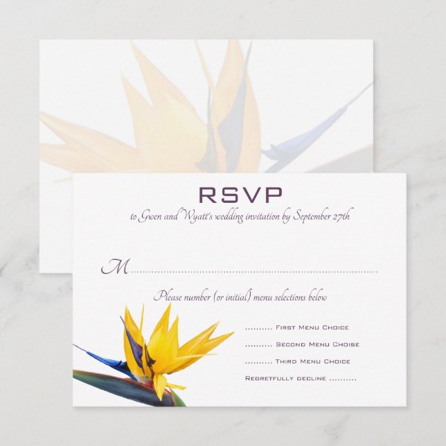 Bird of Paradise White Mariage Menu Répondre Carte (Devant / Derrière)