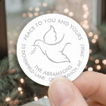 Bird of Peace Holiday Dove White  Return Address Classic Round Sticker<br><div class="desc">Wish family and friends the simple gift of peace for the holidays with these elegant white and grey round return address envelope seals. All text on this template, including "Peace to you and yours" is easy to customize to include any wording, such as Merry Christmas, Happy Holidays, Happy Hanukkah, Seasons...</div>