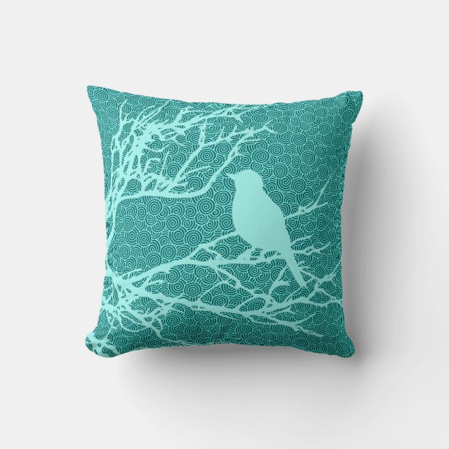Bird on a Branch, Aqua Against Turquoise Throw Pillow (Front)