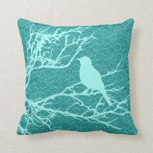 Bird on a Branch, Aqua Against Turquoise Throw Pillow