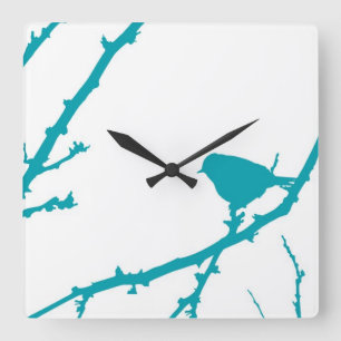 Bird on a Branch Silhouette_Turquoise Square Wall Clock