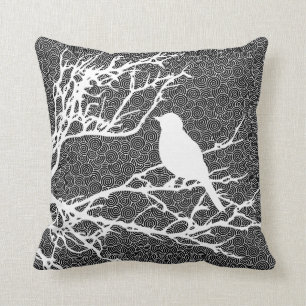 Bird on a Branch, White Against Black Pattern Throw Pillow