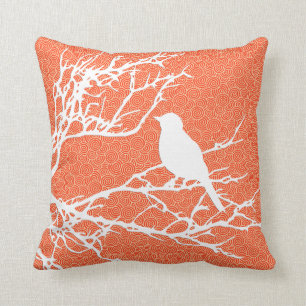 Bird on a Branch, White Against Coral Orange Throw Pillow