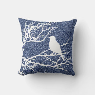 Bird on a Branch, White Against Navy Blue Throw Pillow