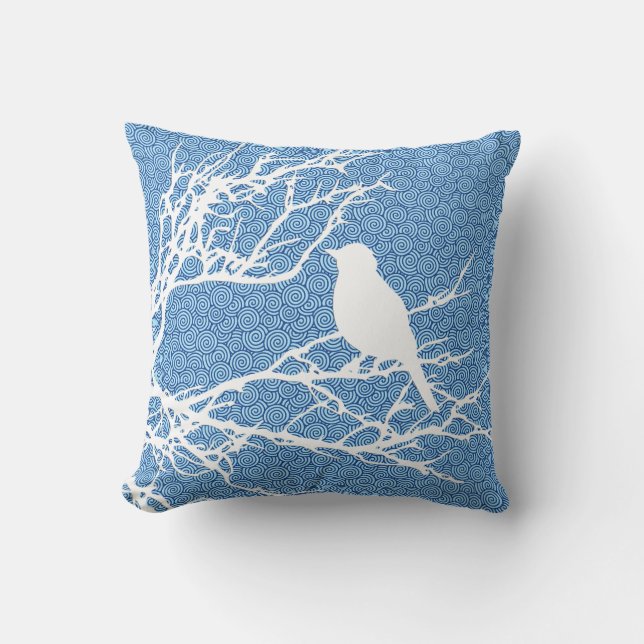 Bird on a Branch, White Against Sky  Blue Throw Pillow (Front)