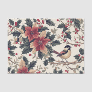 Bird on a Branch with Berries and Poinsettias Tissue Paper