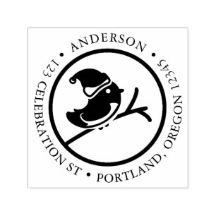 Bird on a branch with Christmas Hat Return Address Self-inking Stamp