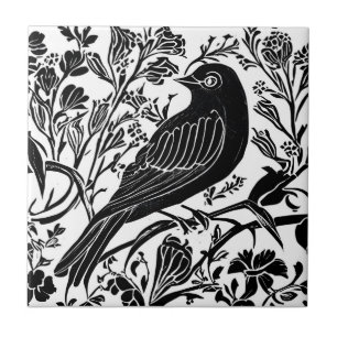 Bird on a Branch with Flowers in Black and White Tile