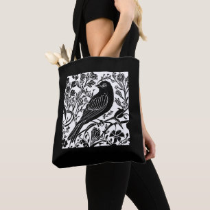 Bird on a Branch with Flowers in Black and White Tote Bag