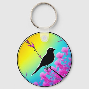 Bird On A Branch With Vibrant Artistic Backdrop Keychain