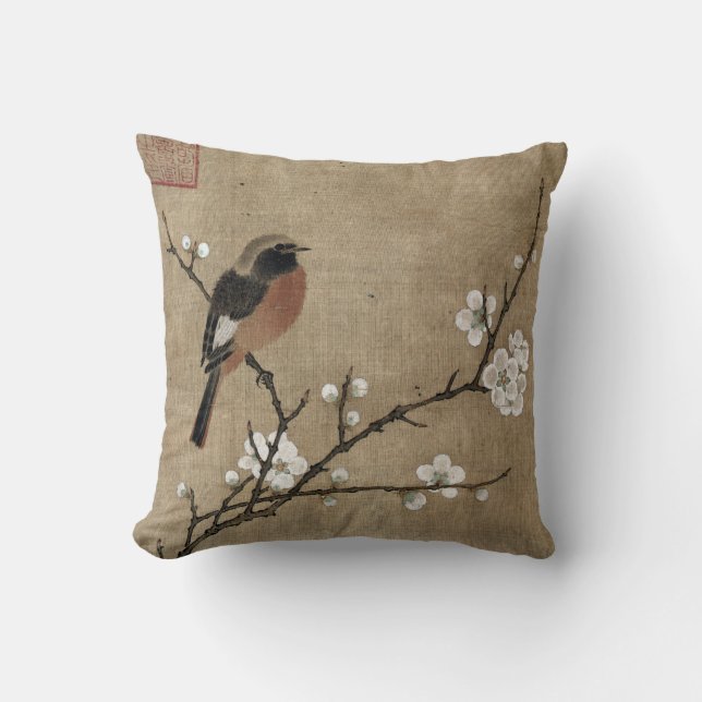 Bird on a Flowering Branch Throw Pillow (Front)