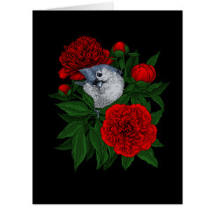 Bird on a red peony bouquet