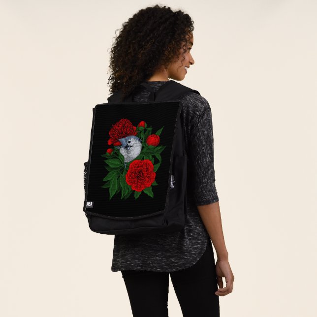 Bird on a red peony bouquet backpack (Worn)