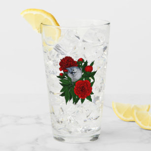 Bird on a red peony bouquet glass