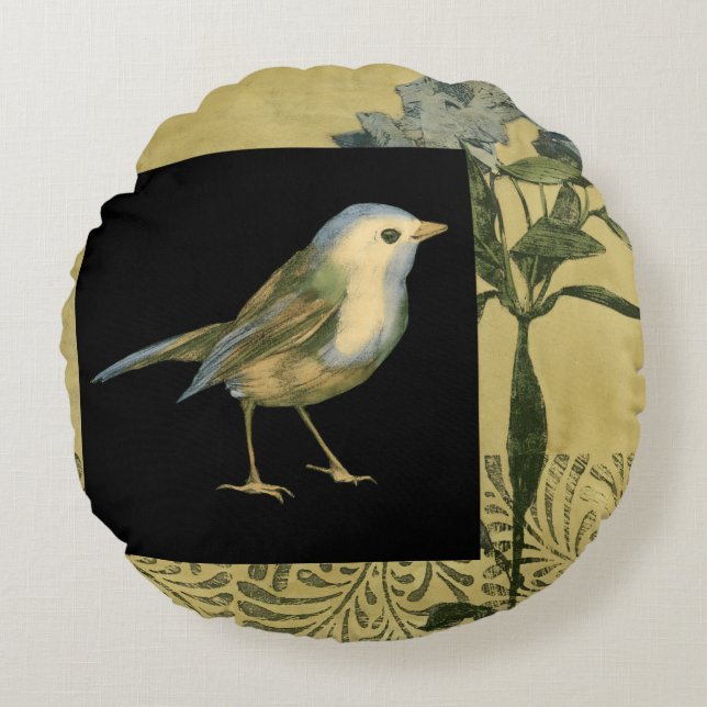 Bird on Black and Vintage Background Round Pillow (Front)