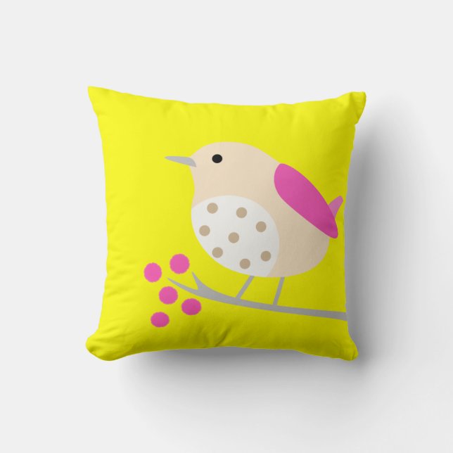 Bird on Branch & Blossoms - yellow Throw Pillow (Front)