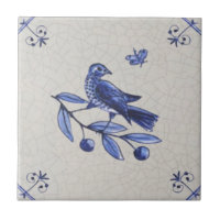 Bird on Branch w/ Butterfly Early Blue Delft Repro