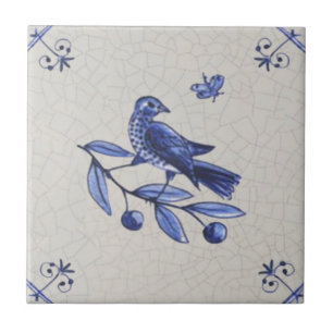 Bird on Branch w/ Butterfly Early Blue Delft Repro Tile