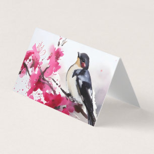 Bird on cherry branch in flowers, painting