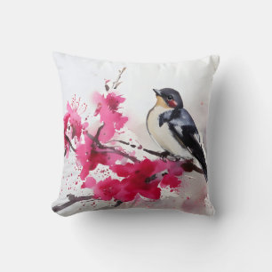 Bird on cherry branch in flowers, painting throw pillow