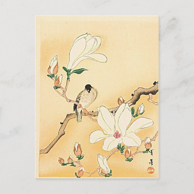 Bird on Magnolia Tree Japanese Woodblock Print Postcard (Front)