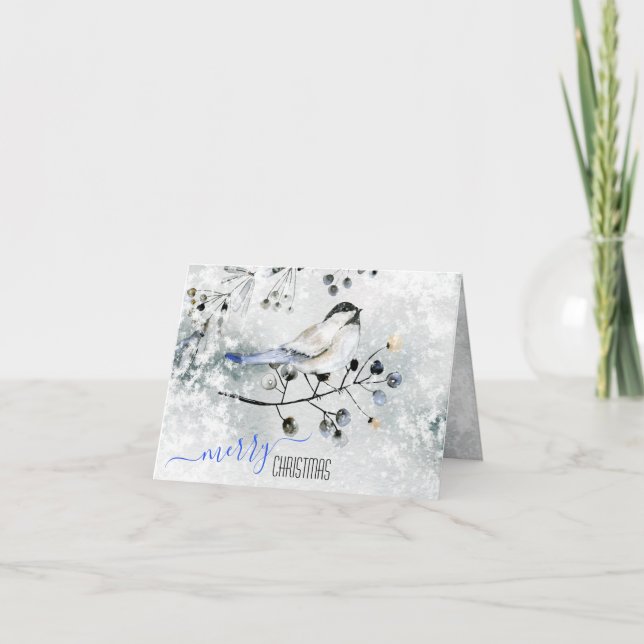 Bird On Snowy Branch With Berries Merry Christmas Holiday Card (Front)